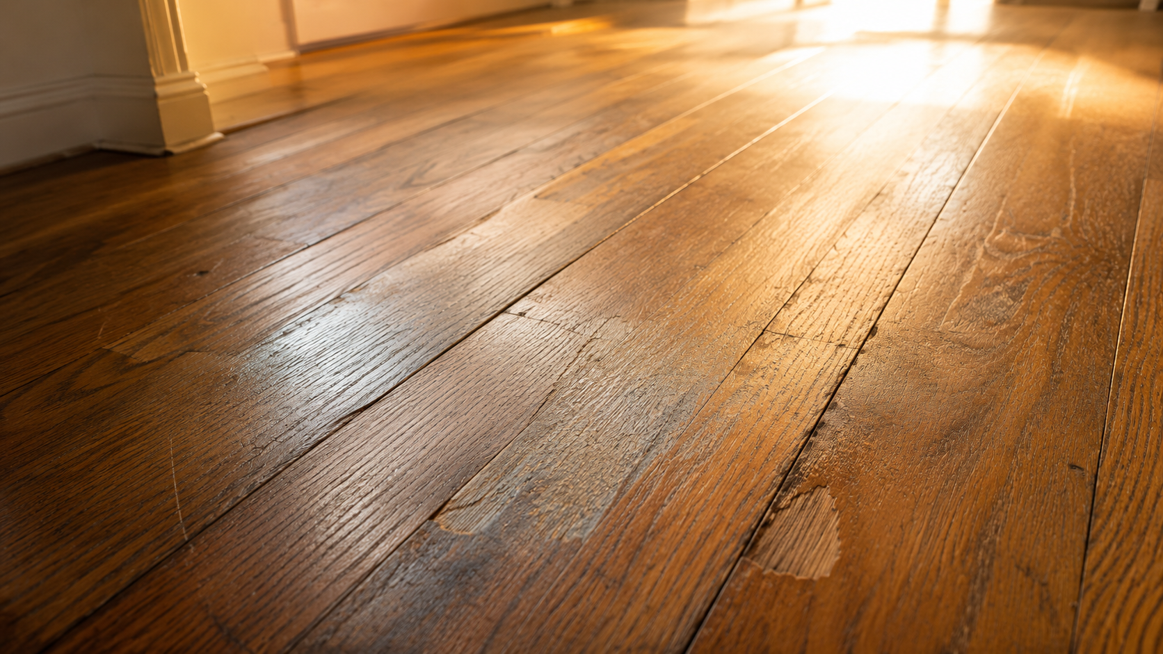 Close-up of a worn, scratched hardwood floor showing signs that refinishing is needed