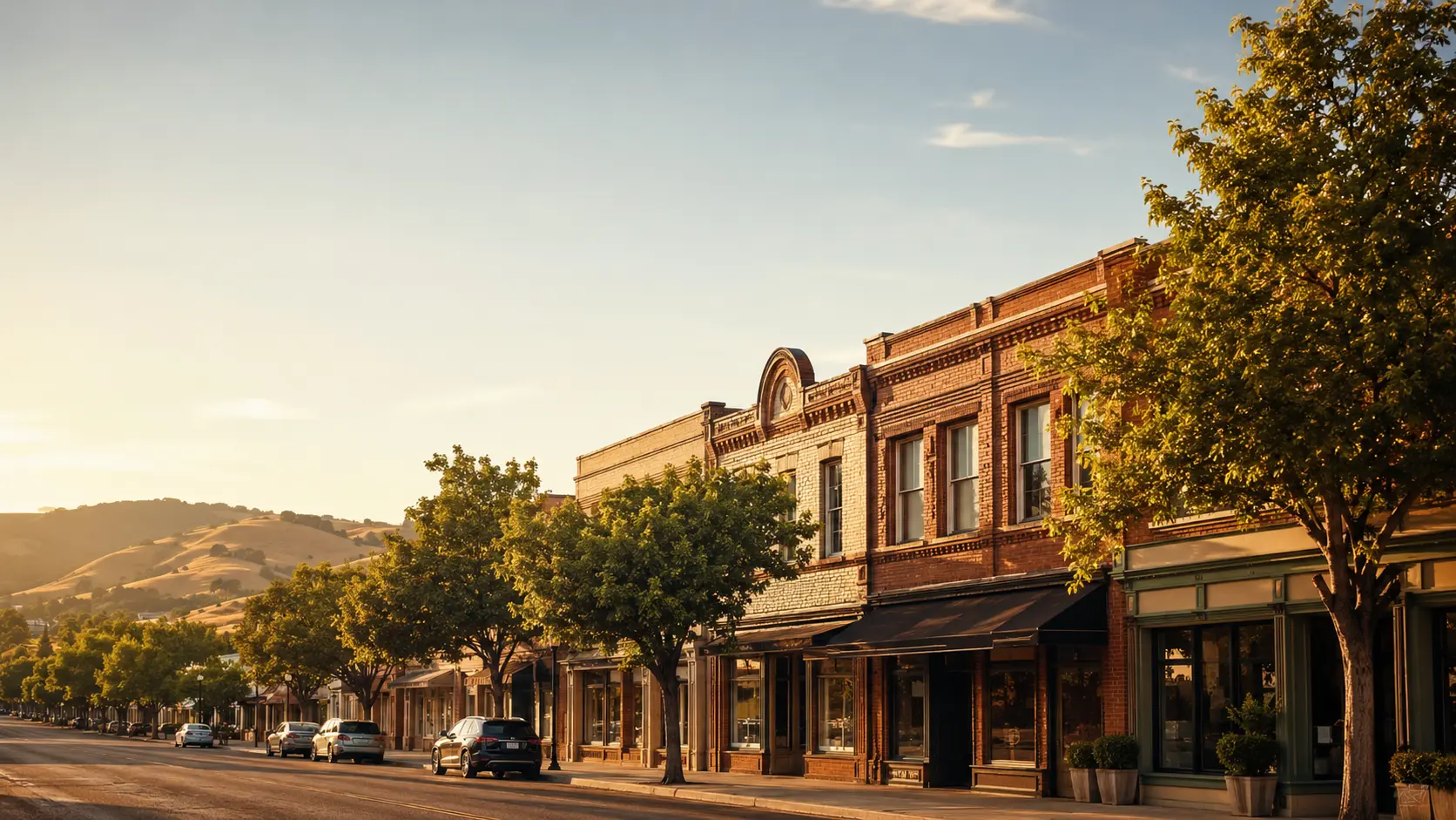 Historic downtown Vacaville, California at sunset