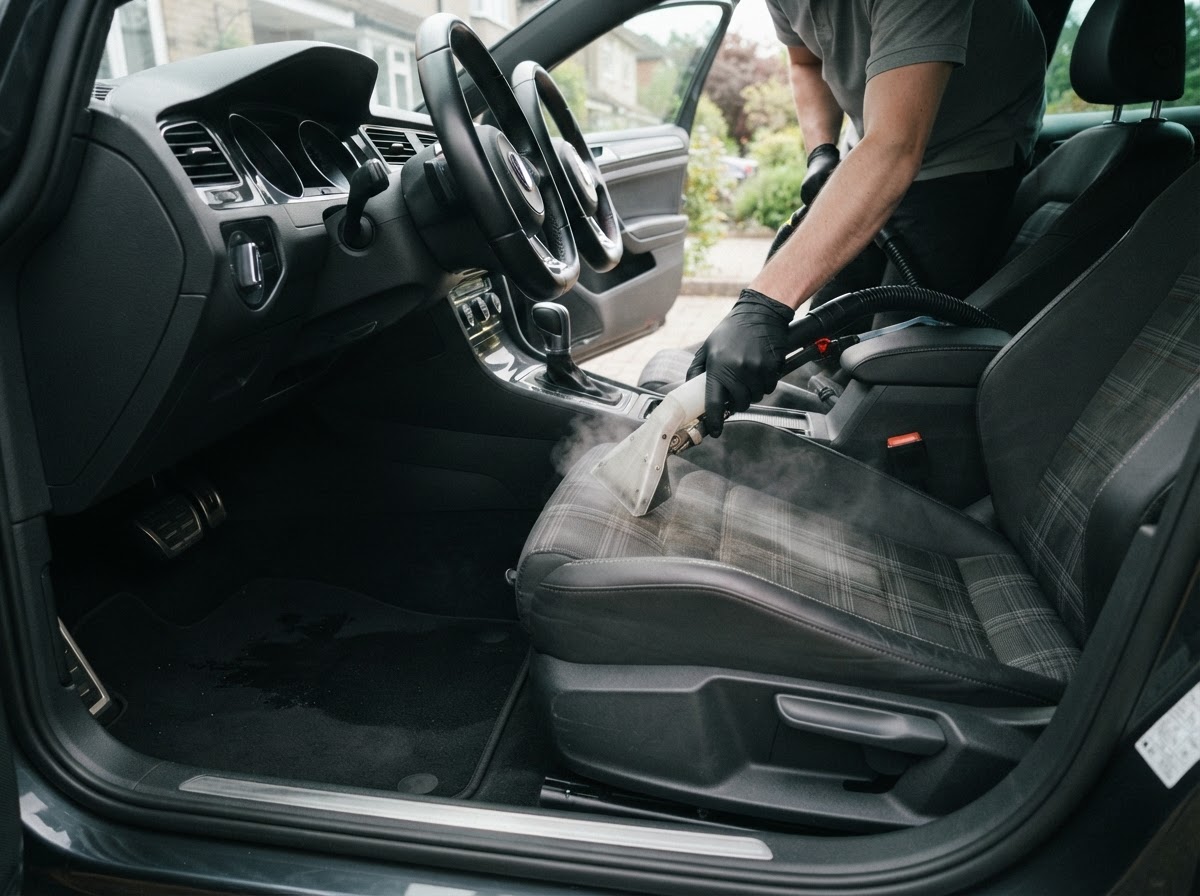 Interior detailing work in progress on a vehicle seat