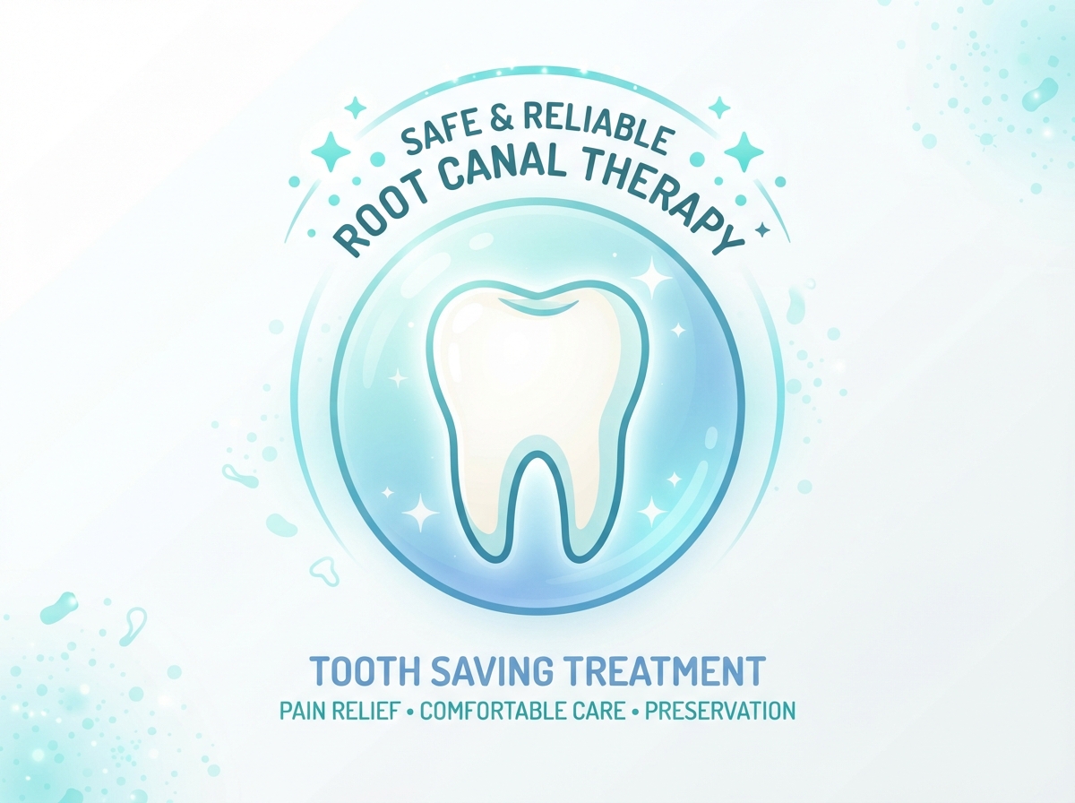 Gentle root canal therapy illustration showing a protected, healthy tooth with pain relief