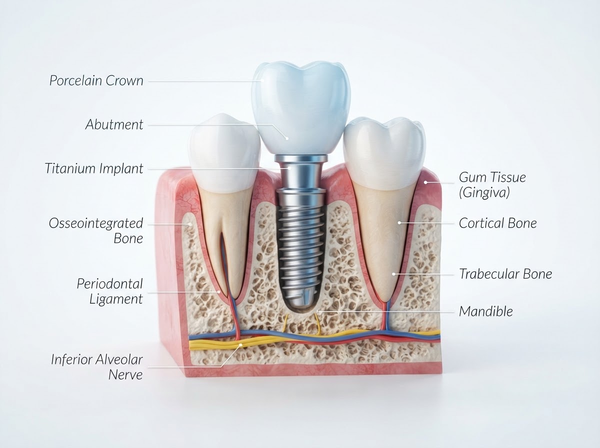 3D illustration of a dental implant showing titanium post and crown placement for tooth replacement