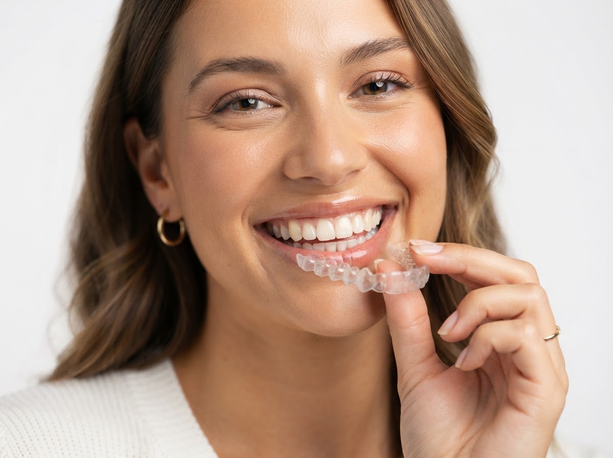 Bright smile of a person holding a clear Invisalign aligner tray