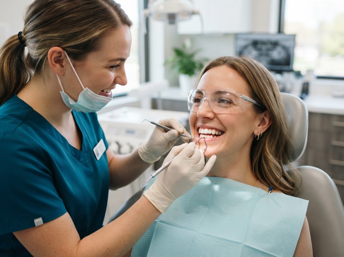 Friendly dental hygienist performing a gentle teeth cleaning and hygiene check
