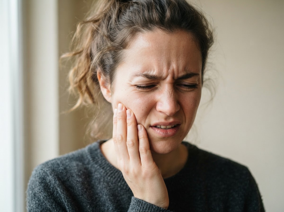 Close-up of a person's face showing tooth pain, hand pressed against cheek
