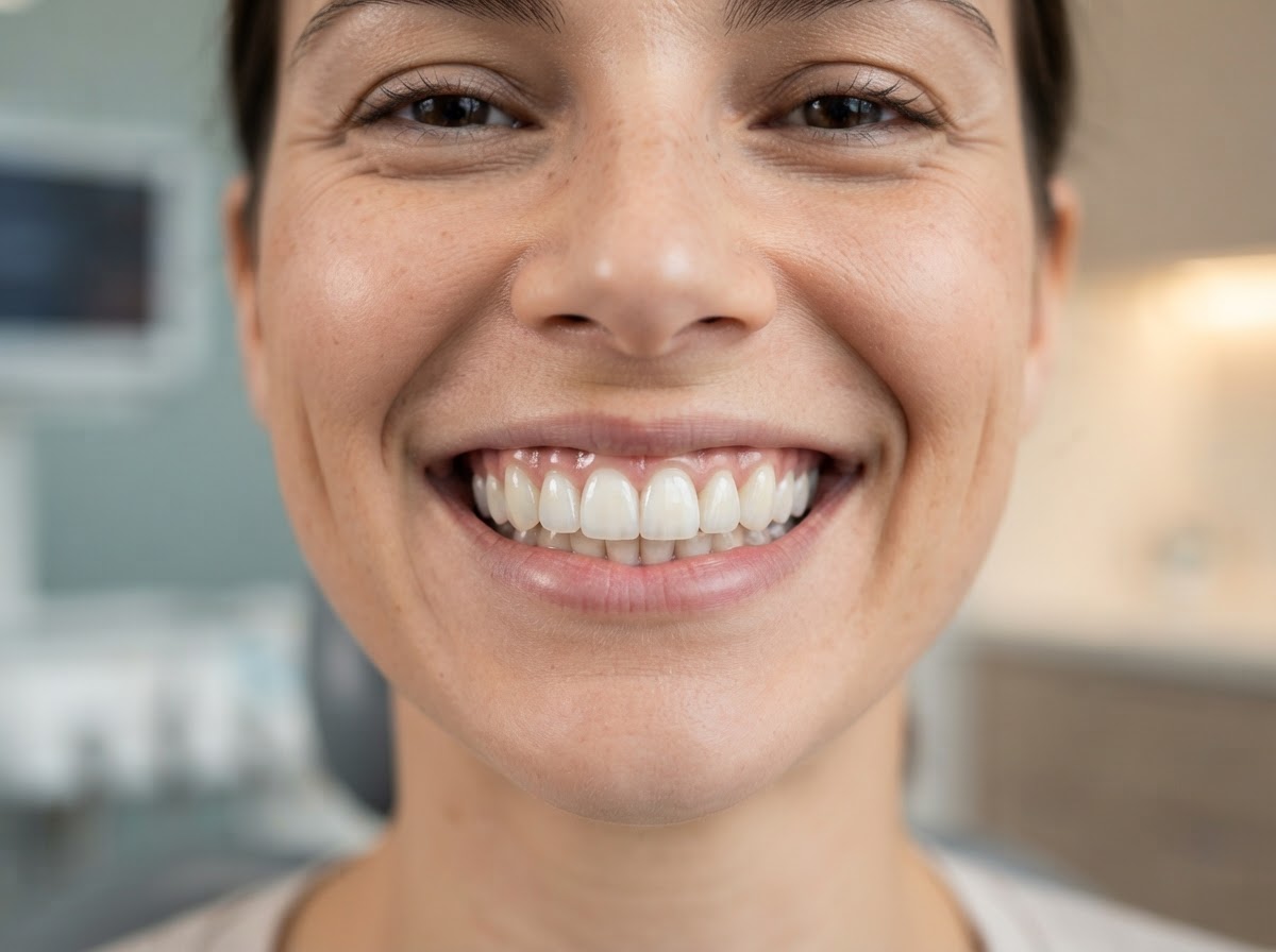 Close-up of a bright, confident smile with cosmetic dentistry results showing white, aligned teeth