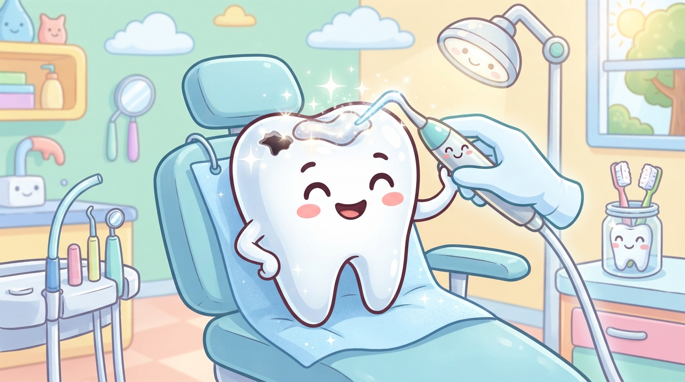 Cartoon illustration of a happy tooth receiving a shiny tooth-colored filling
