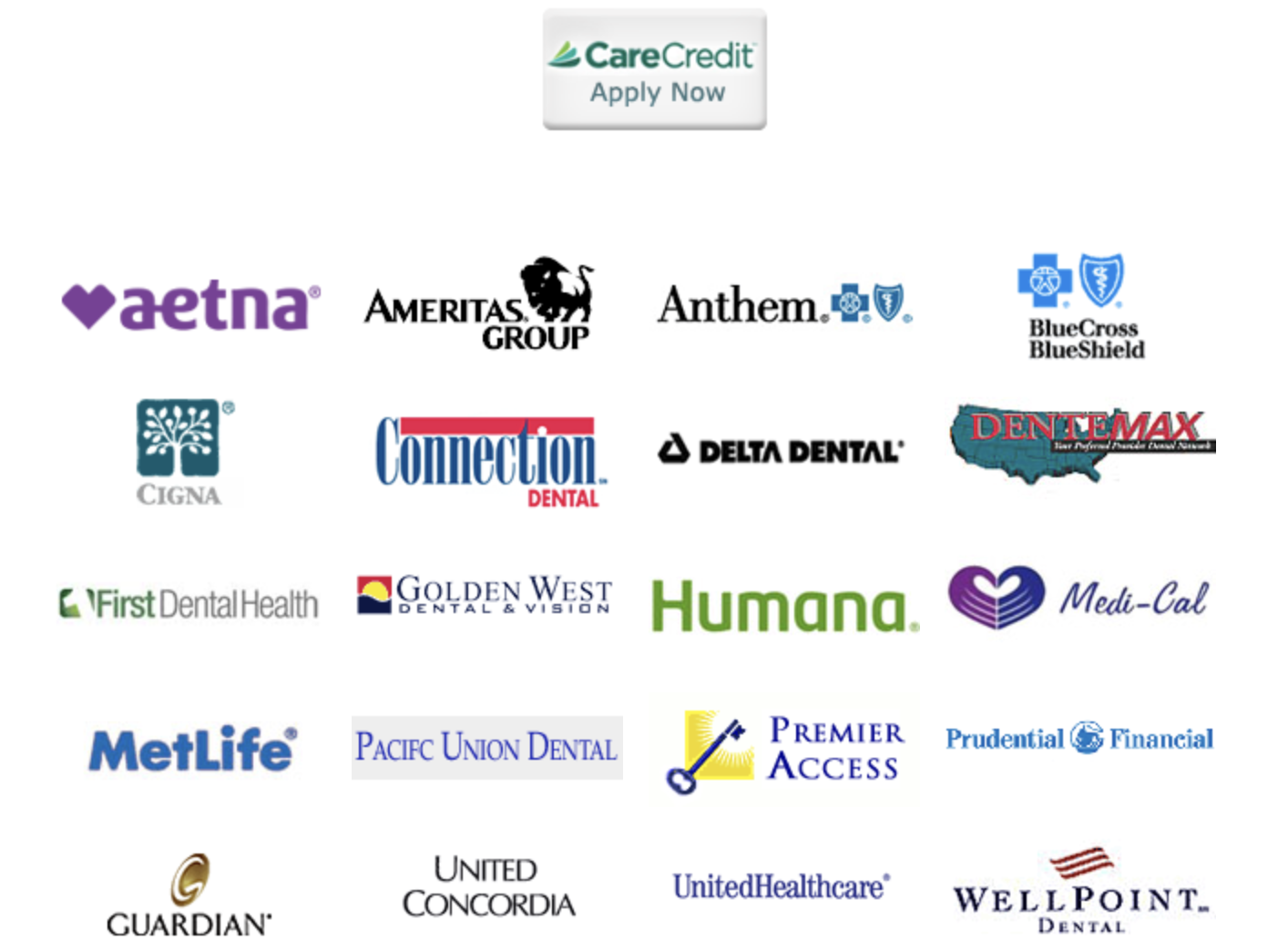 Accepted insurance providers including Aetna, Ameritas Group, Anthem, Blue Cross Blue Shield, Cigna, Connection Dental, Delta Dental, DenteMax, First Dental Health, Golden West, Humana, Medi-Cal, MetLife, Pacific Union Dental, Premier Access, Prudential Financial, Guardian, United Concordia, UnitedHealthcare, WellPoint Dental, CareCredit