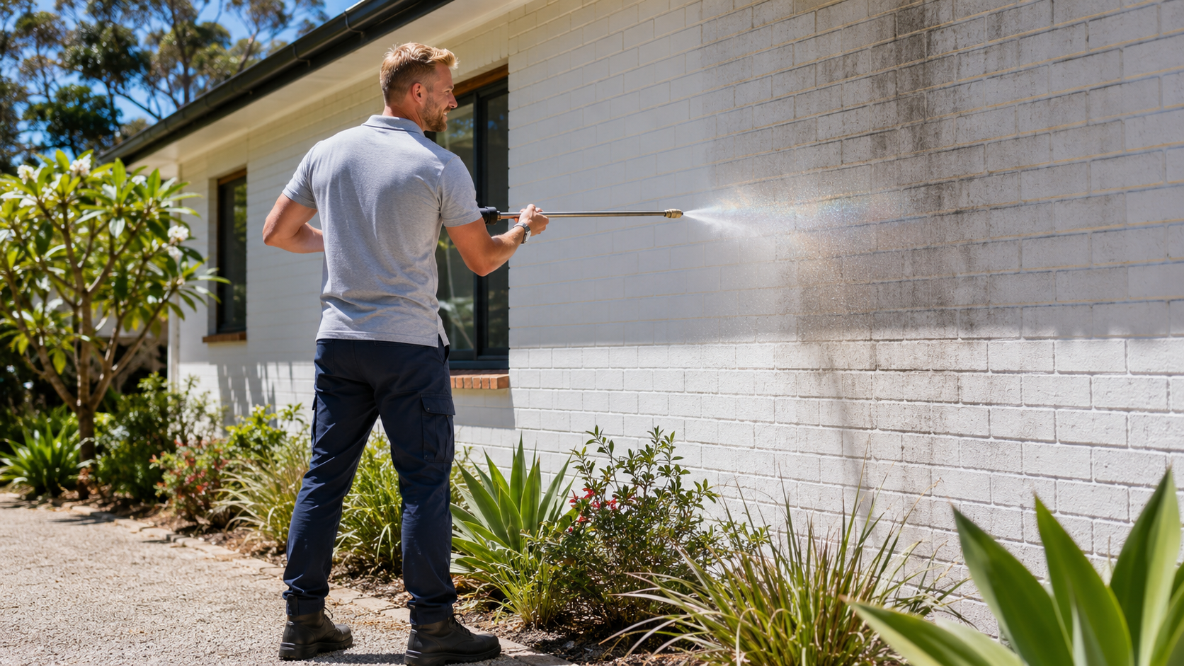 Worker pressure washing a house exterior