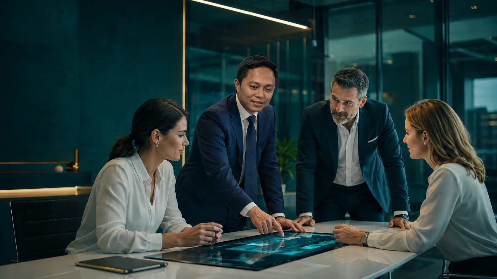 PRS Marketing Consulting - Professional business team collaborating on AI strategy in modern office environment