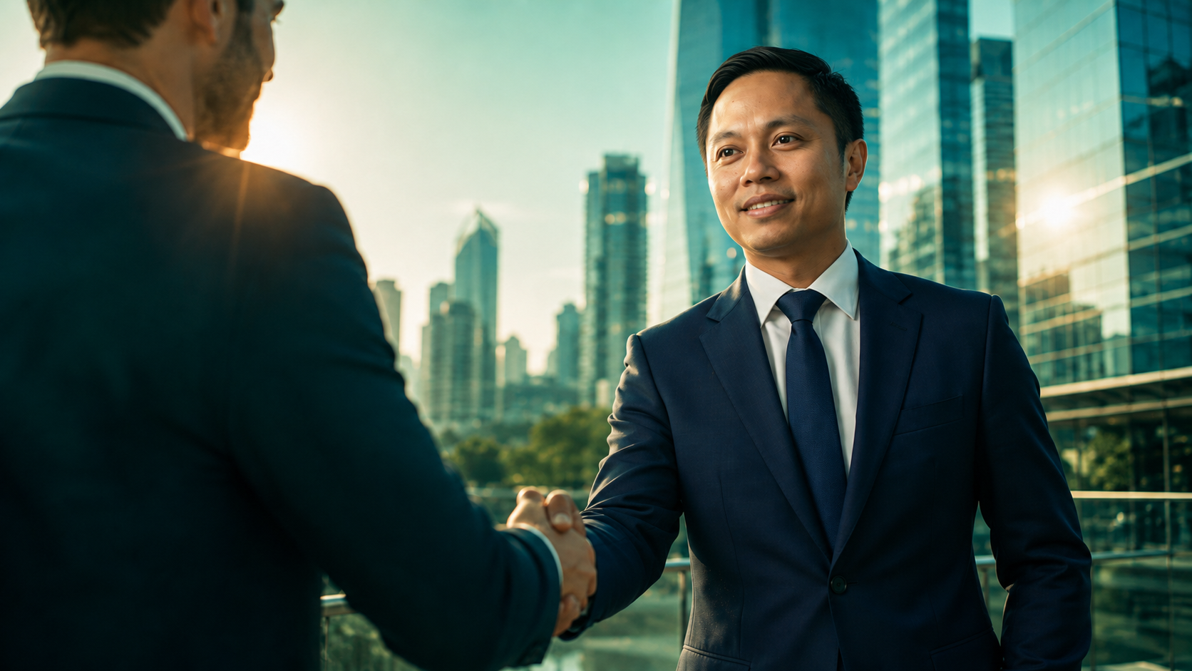 PRS Marketing Consulting - Business professionals shaking hands in modern city skyline representing partnership and growth
