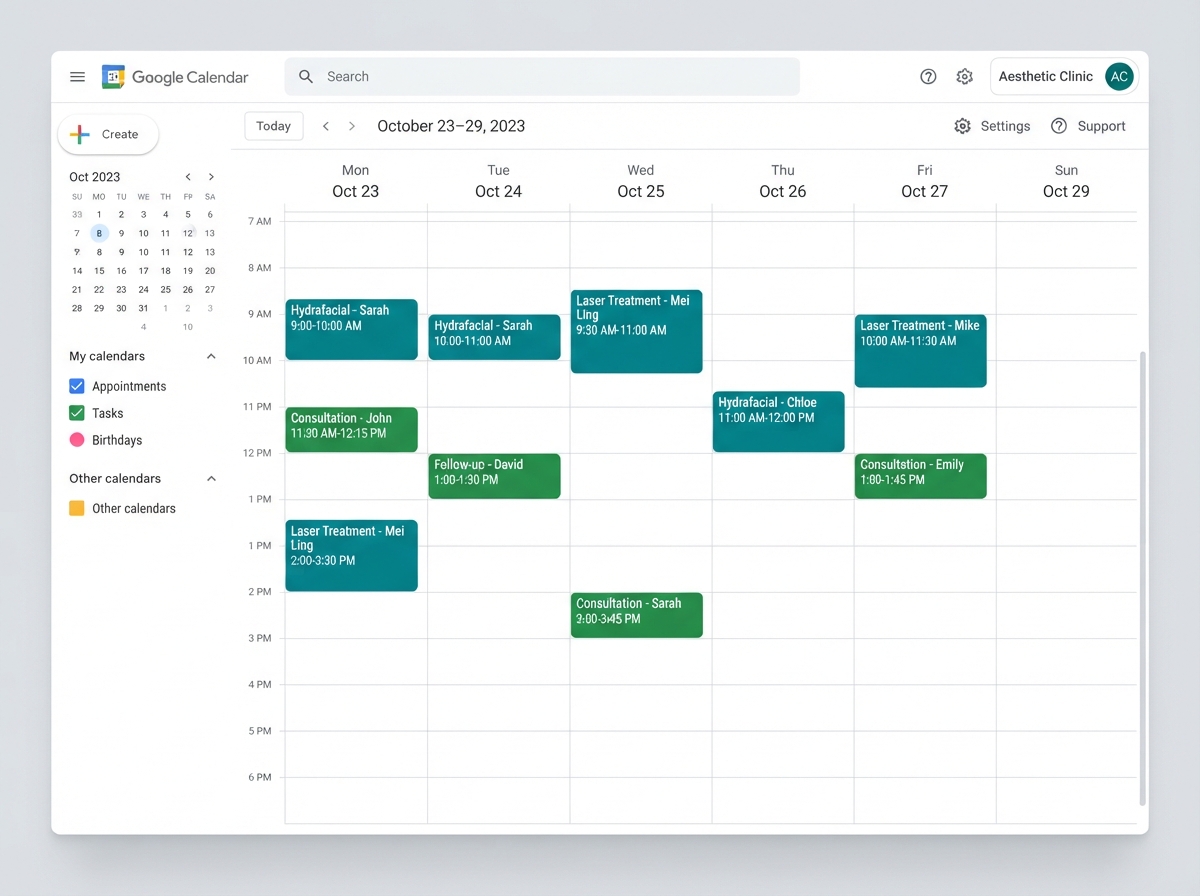 Real bookings automatically synced to Google Calendar showing confirmed aesthetic clinic appointments