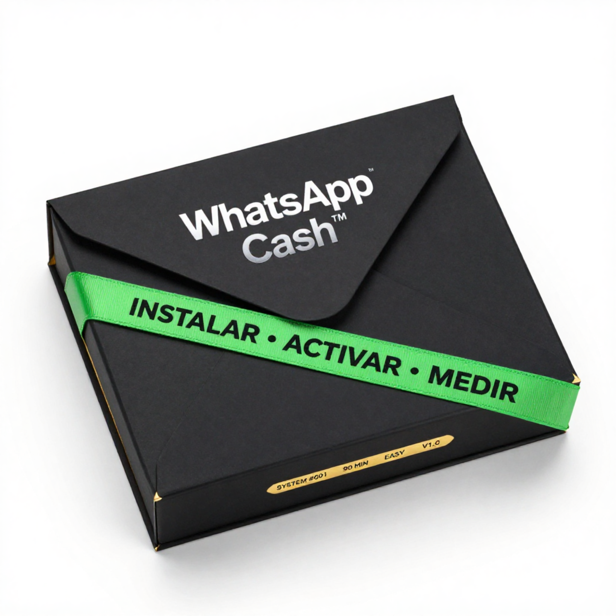 Sobre negro del sistema WhatsApp Cash con cinta verde Instalar, Activar y Medir.