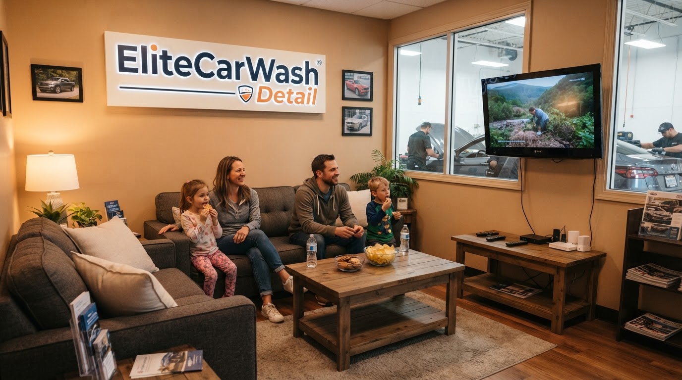 Comfortable waiting area with TV, snacks, and seating while your car is being cleaned