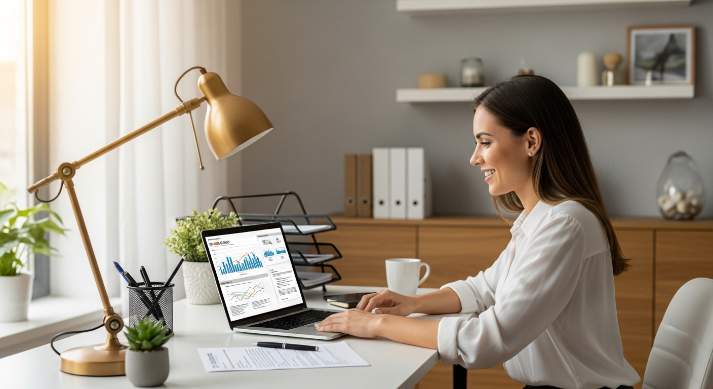 Confident woman reviewing credit report and financial documents