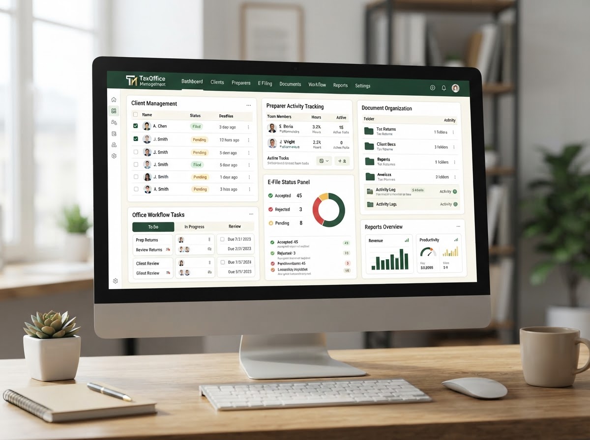 Tax office management dashboard showing client and return workflow