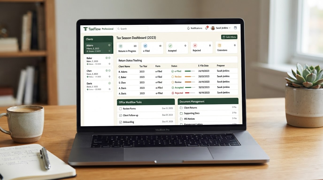 Professional tax preparation software dashboard interface