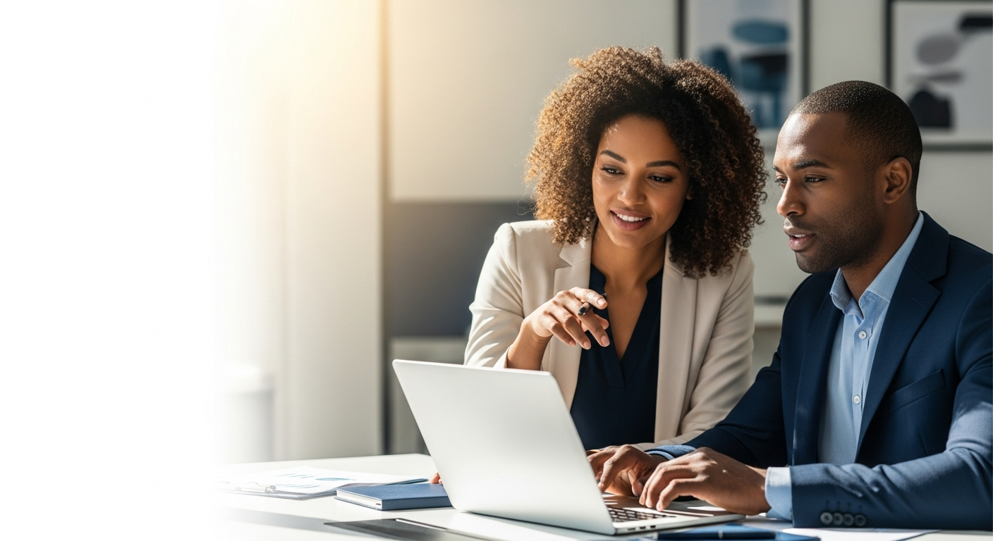Confident diverse entrepreneurs collaborating in a modern office