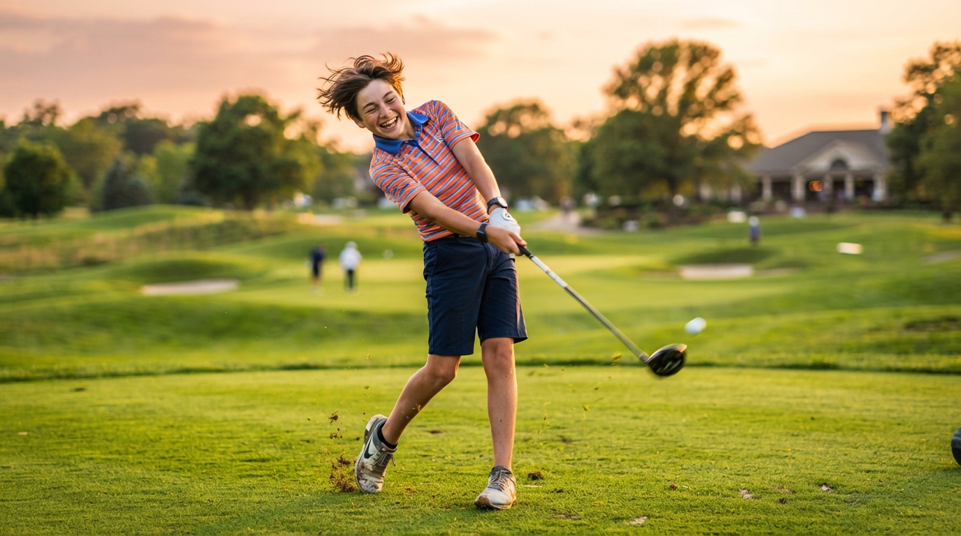 Jonge golfer die plezier heeft op de baan