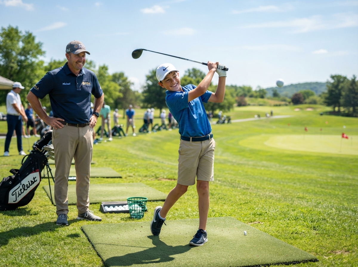 Jonge golfer oefent de swing op de driving range