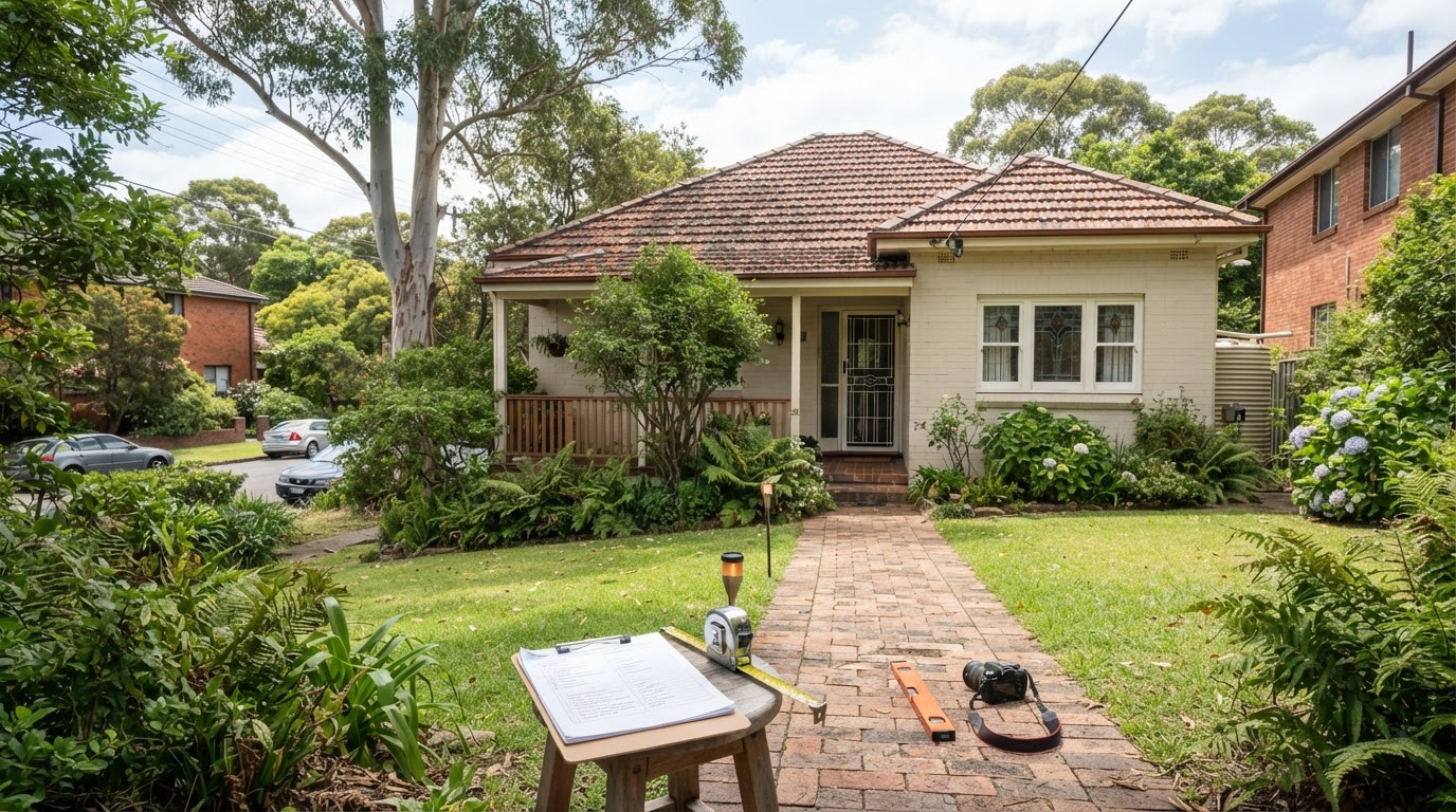 Established Australian suburban house in a mature leafy neighbourhood being assessed for condition with a clipboard and measuring tape