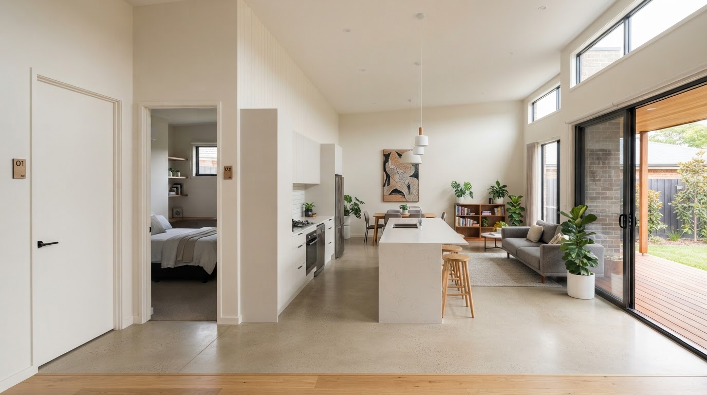 Modern Australian co-living property interior showing private bedrooms opening onto a shared kitchen and living area