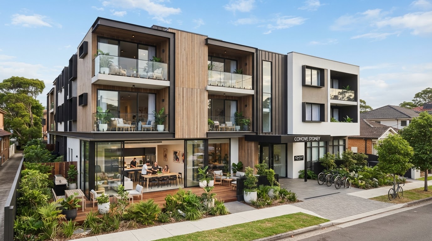 Modern Australian co-living property exterior illustrating how the co-living property model works