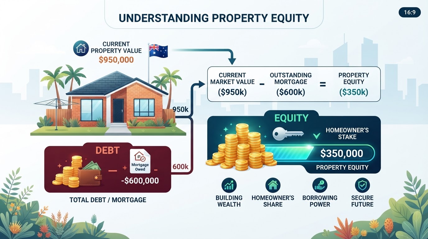 Educational diagram showing the property equity equation: property value minus debt equals equity
