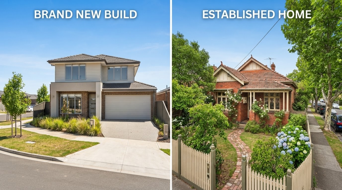 Split comparison of a new Australian house and an established Australian house illustrating new property vs established property differences