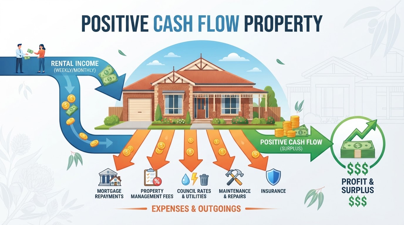 Educational diagram showing how positive cash flow property is calculated, with rental income minus expenses equaling a cash-flow result