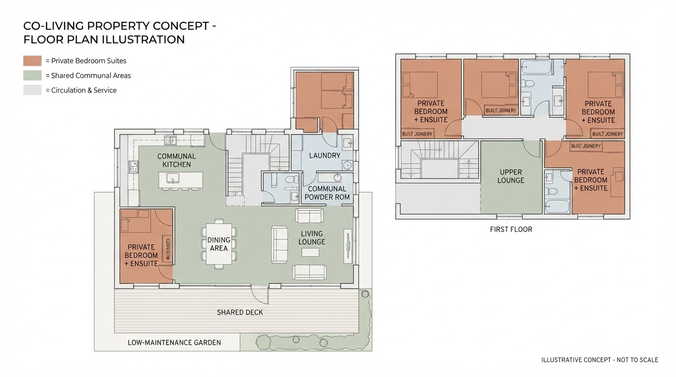 Illustrative co-living configuration diagram showing private bedrooms and shared living spaces