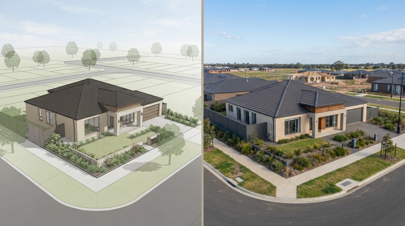 Split comparison of an architectural render of a planned new Australian house and the completed newly built house in a new estate