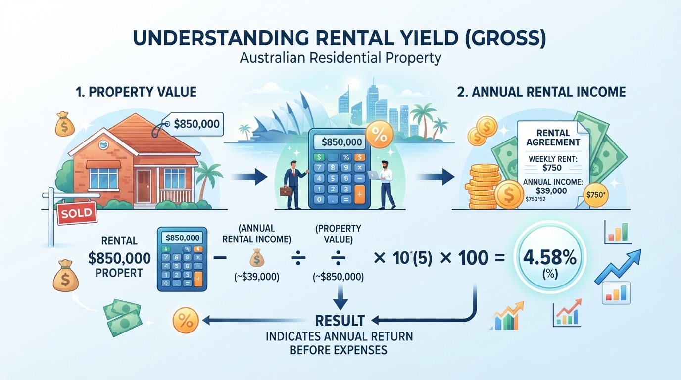 Educational graphic showing how to calculate rental yield on an investment property using the gross and net rental yield formula