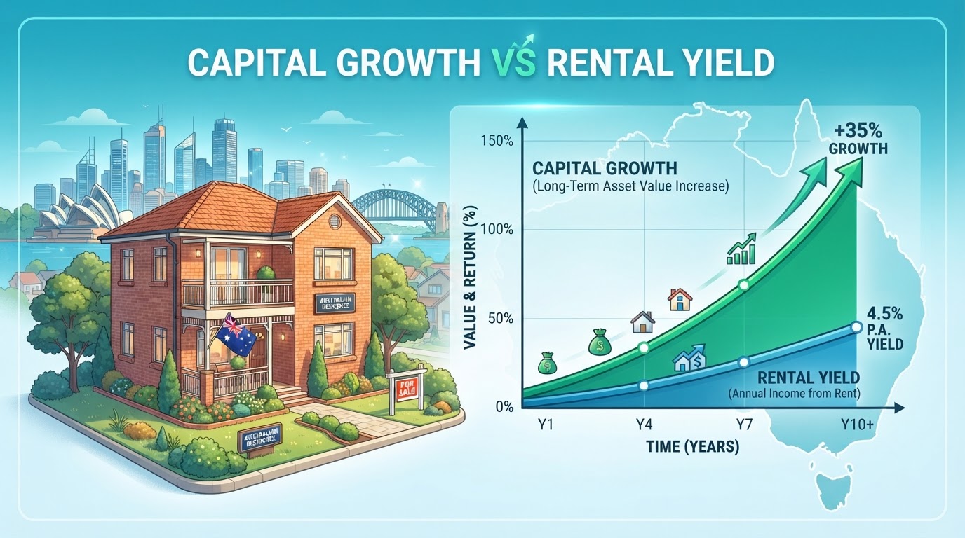 Capital growth vs rental yield comparison concept for Australian property investment research