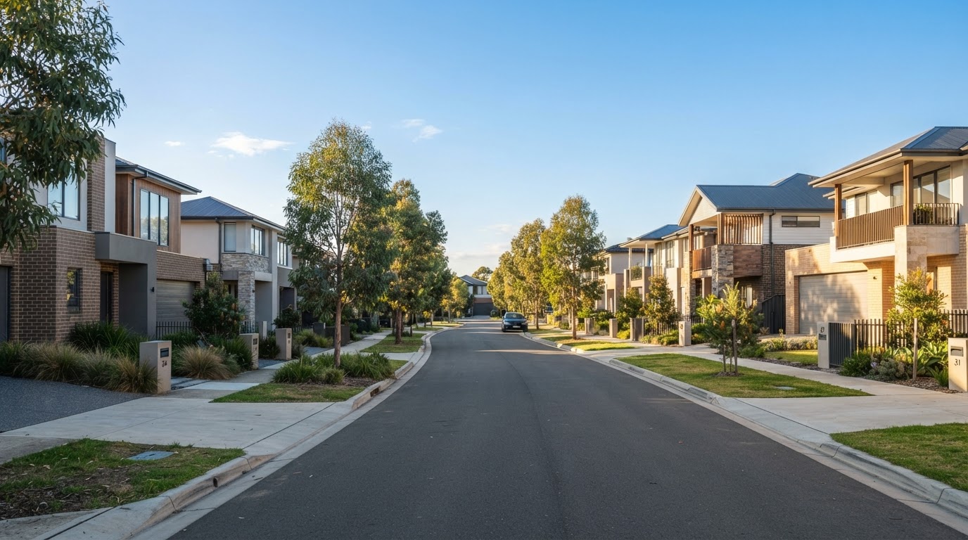 Newly completed Australian residential development with modern detached houses and townhouses in a new estate