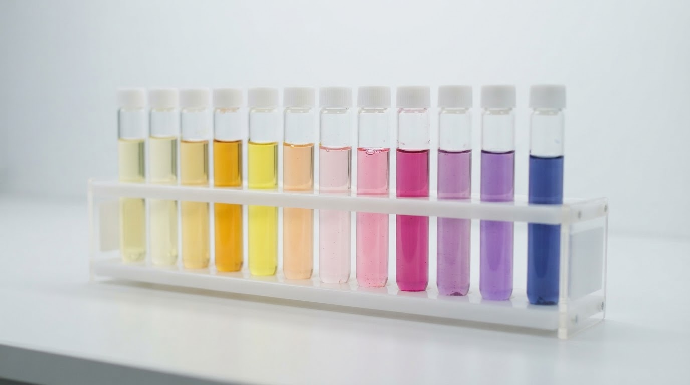 Water quality test kit with test tubes showing colored water samples for contaminant analysis