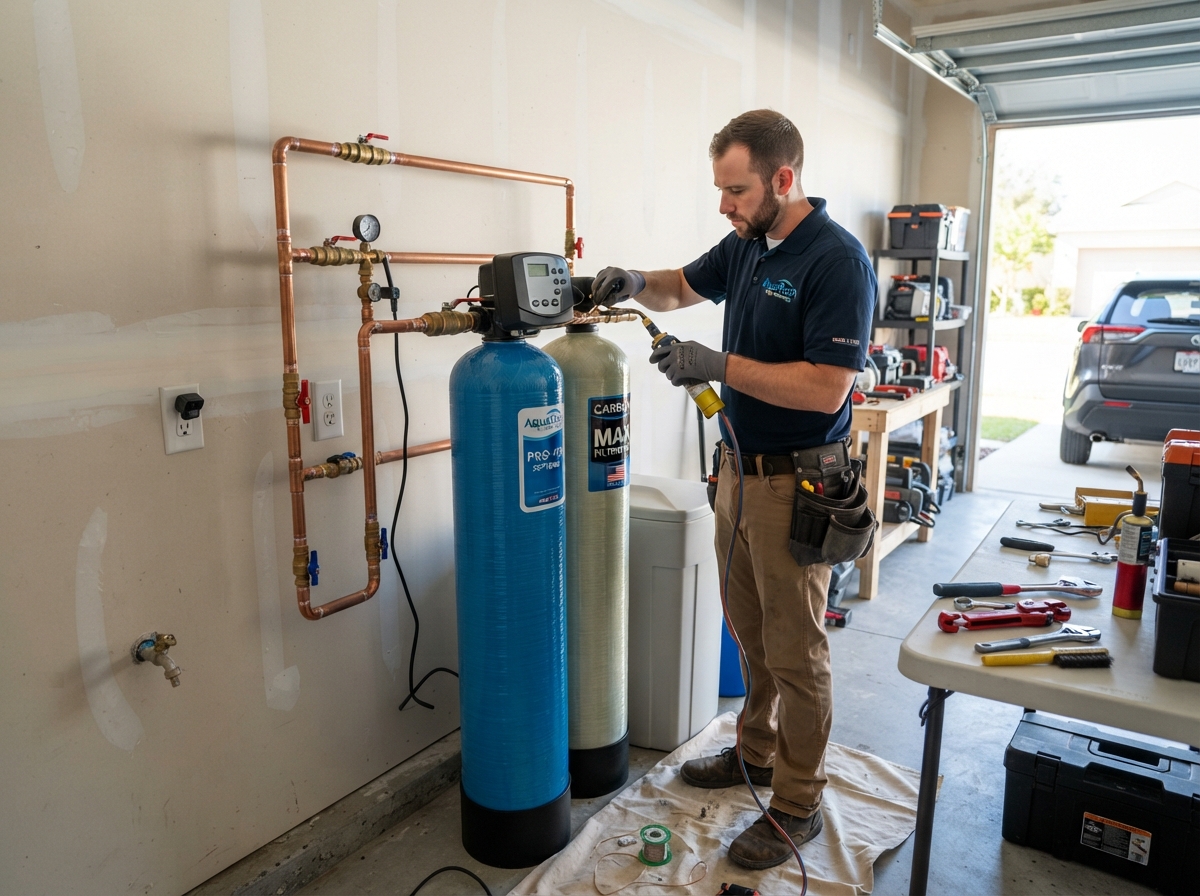 Professional water softener system installation in a clean Central Florida garage