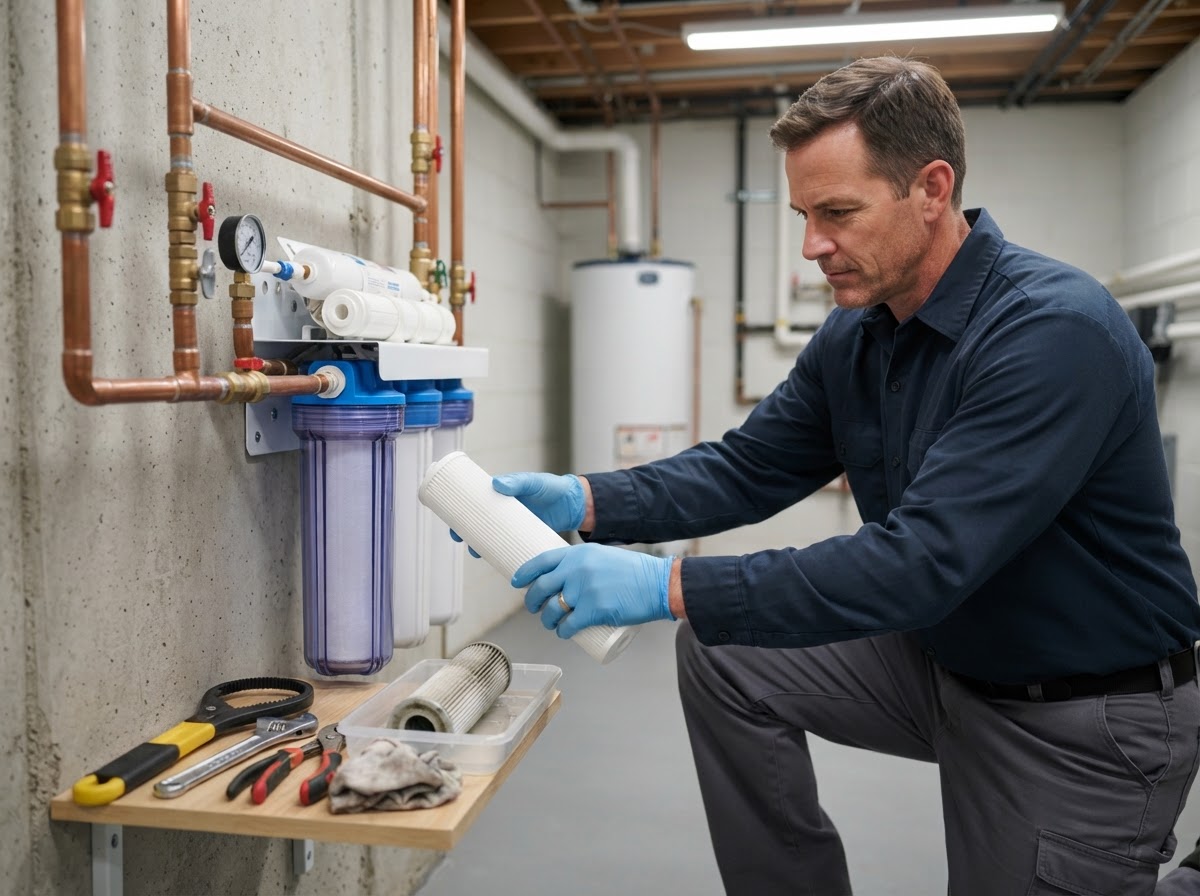 Repair technician replacing a water filter cartridge in a home water treatment system