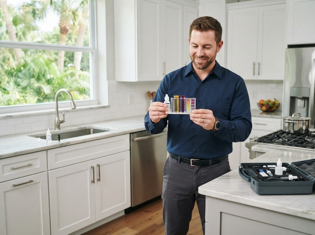 Water treatment technician testing water quality with a test kit in a Central Florida kitchen