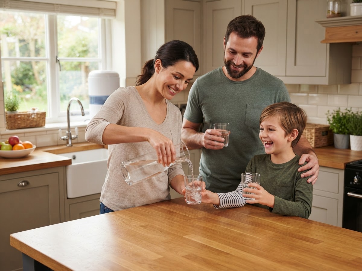 Happy family enjoying clean filtered well water in their kitchen