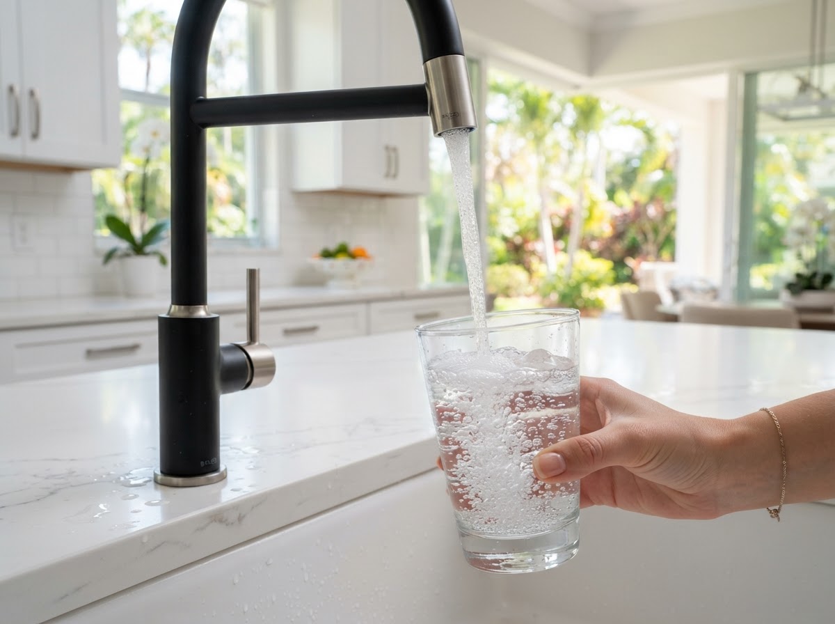Crystal clear soft water flowing from a modern faucet after water softener installation