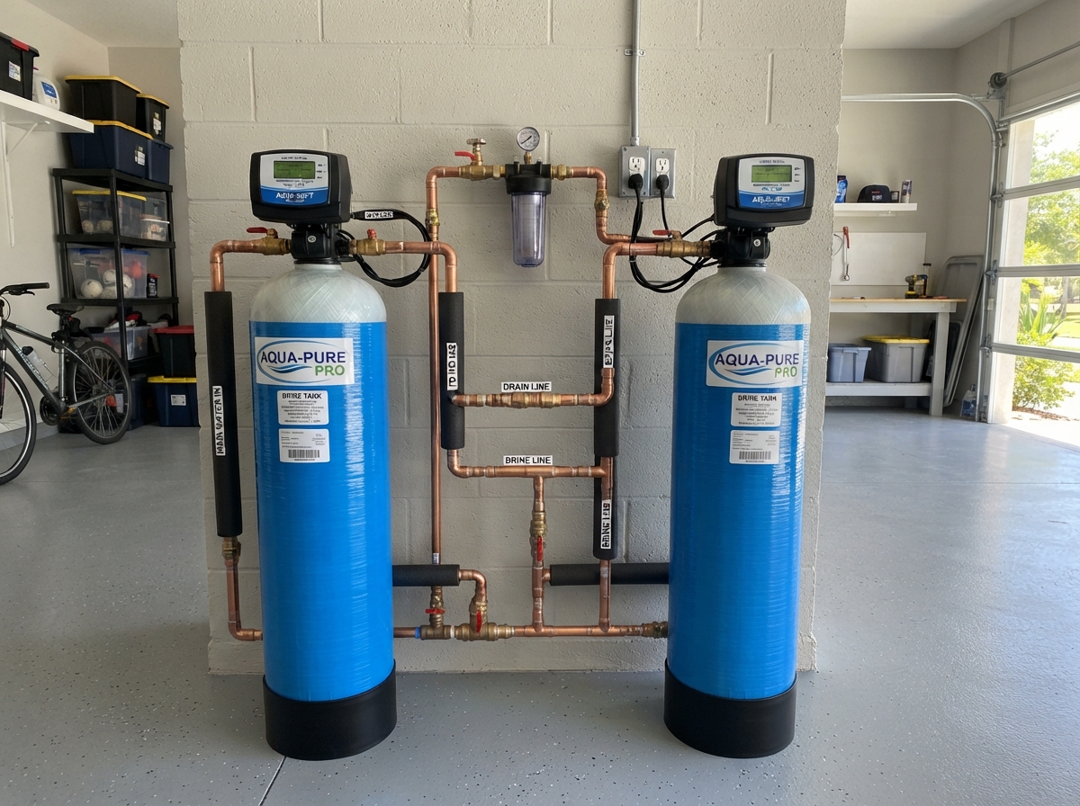 Whole home water softener installed in Orlando garage