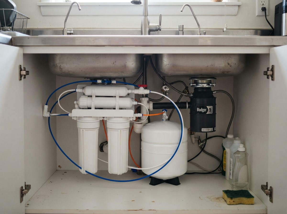 Reverse osmosis drinking water system installed under a kitchen sink