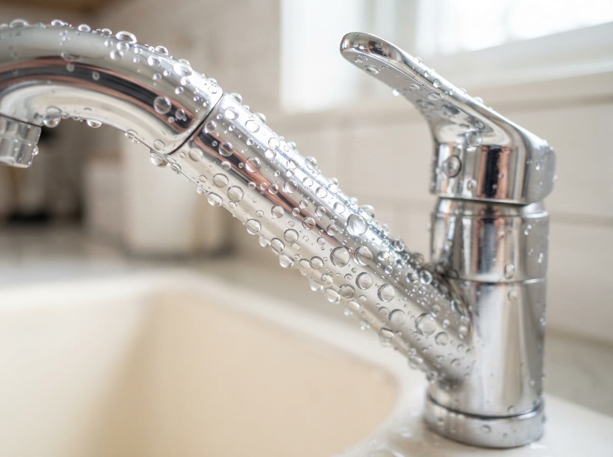 Sparkling clean water droplets on a shiny stainless steel faucet