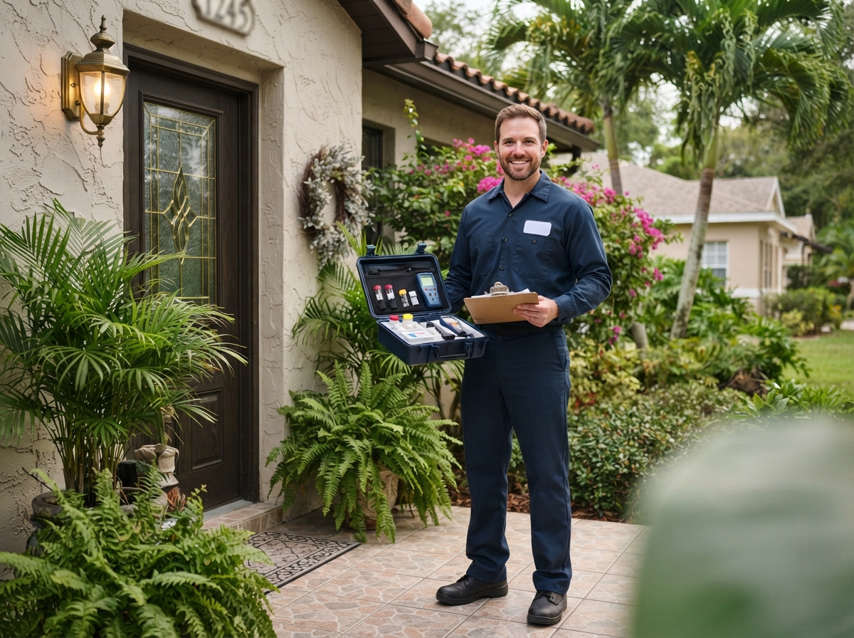 Professional technician installing a UV water sterilizer system at a Florida home