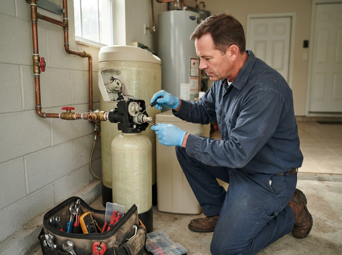 Water treatment repair technician diagnosing a water softener control valve in Central Florida