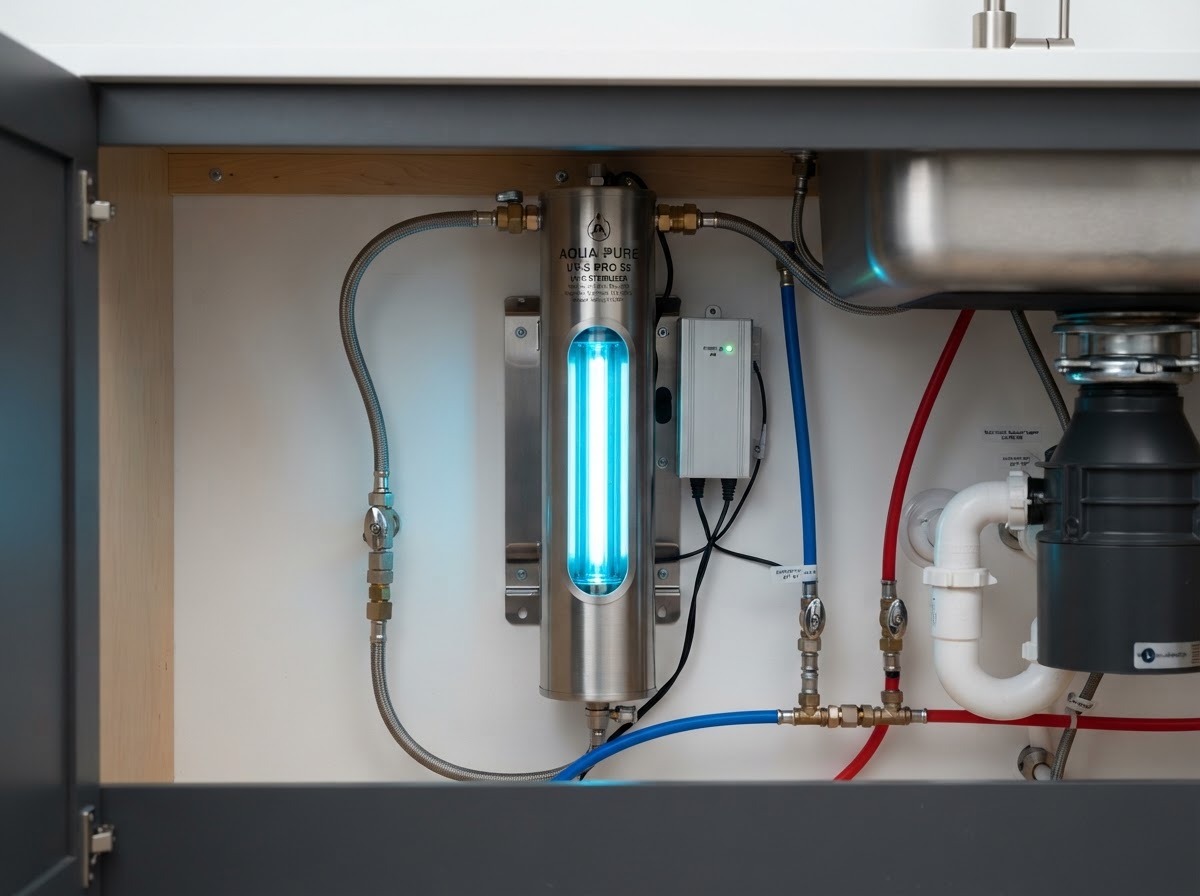 Stainless steel UV-C water sterilizer chamber installed under kitchen sink with blue glow