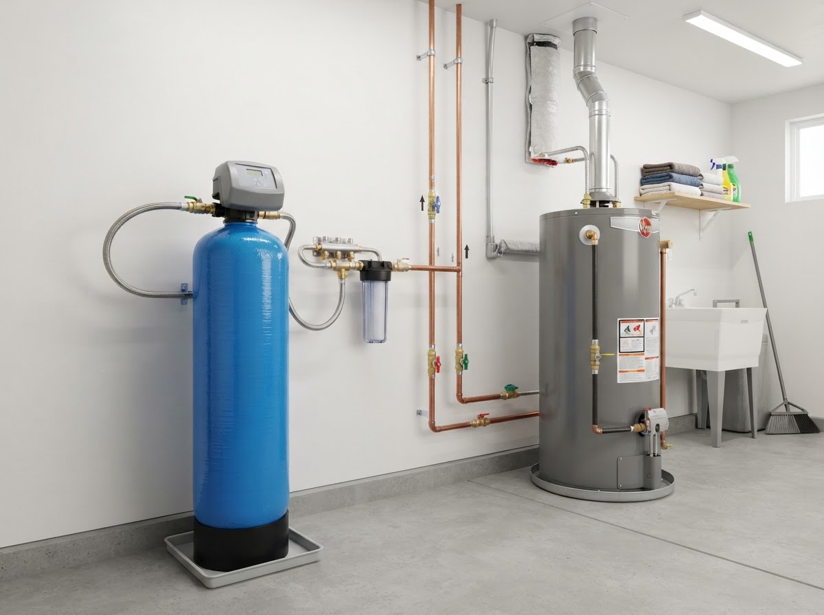 Salt-free TAC water conditioning system tank installed next to water heater