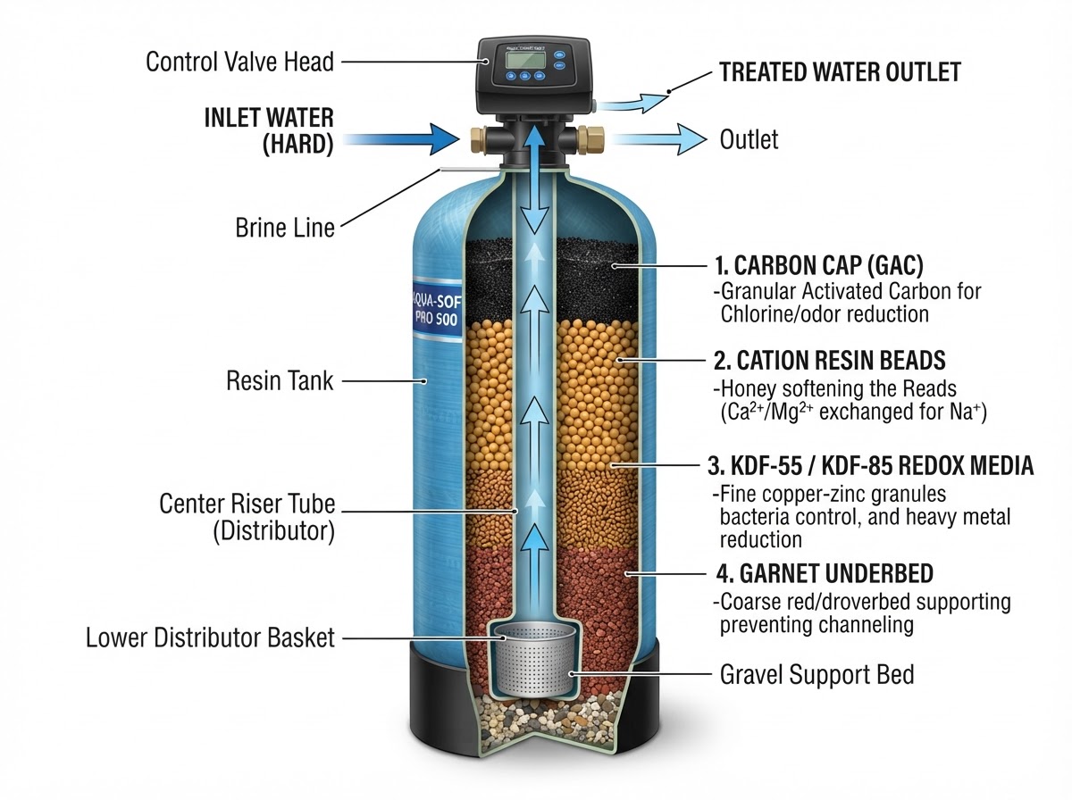 Cross-section diagram of H2O Elite water softener showing 4 filtration layers
