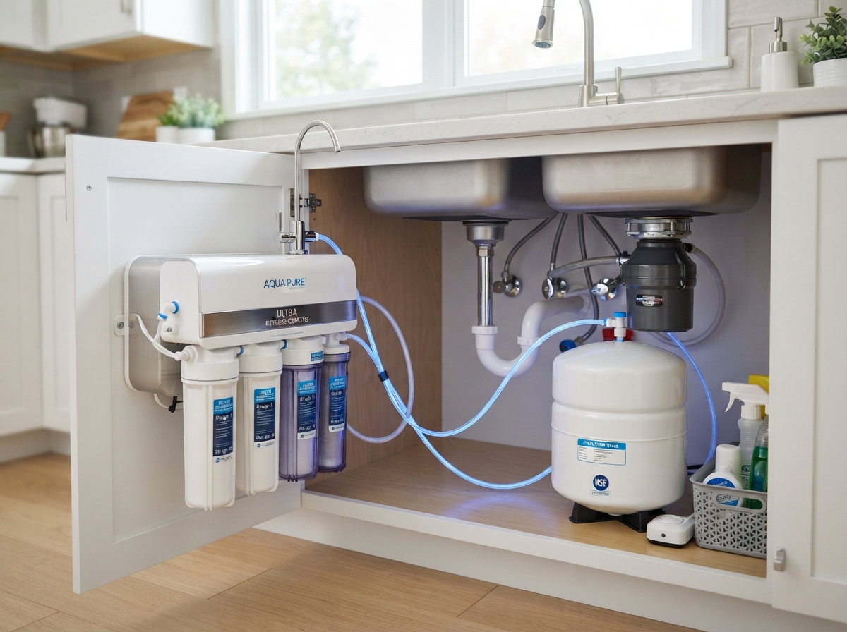 Reverse osmosis water filtration system installed under kitchen sink