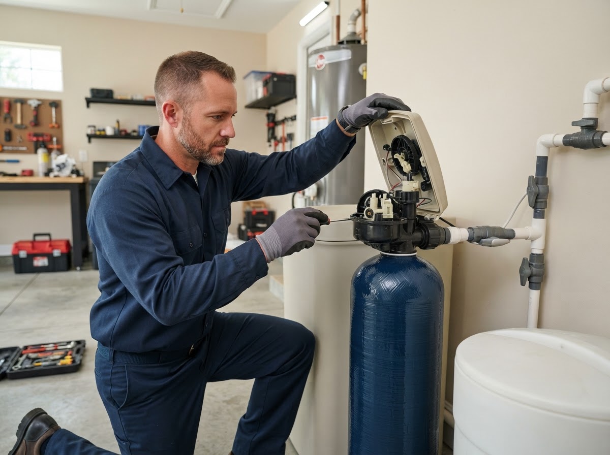 Water softener maintenance technician servicing a control valve